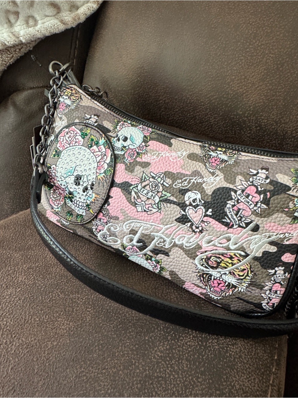 Ed Hardy Pink Camo Skull Tattoo Shoulder Bag